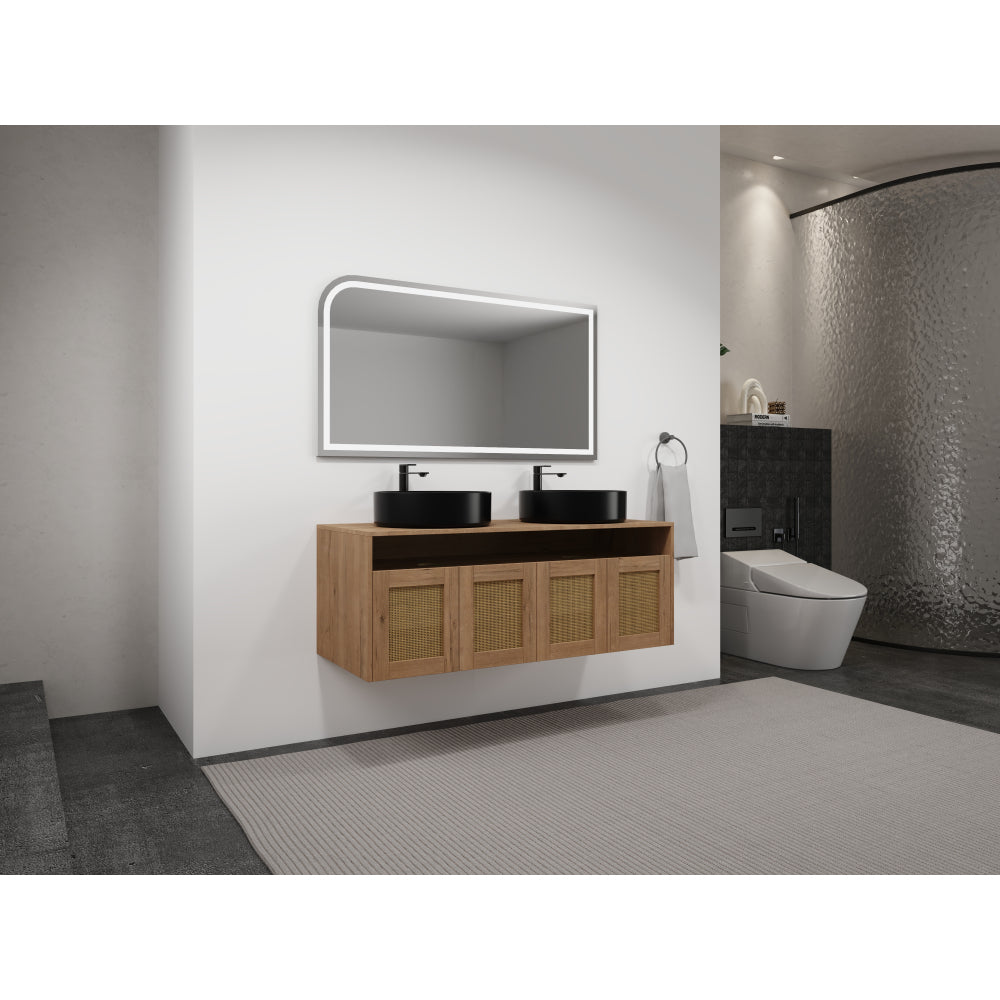 48" Bathroom Vanity with Black Ceramic Art Sink, 4-Soft Close Door, Float Mounting Design, Plywood (KD-Packing)