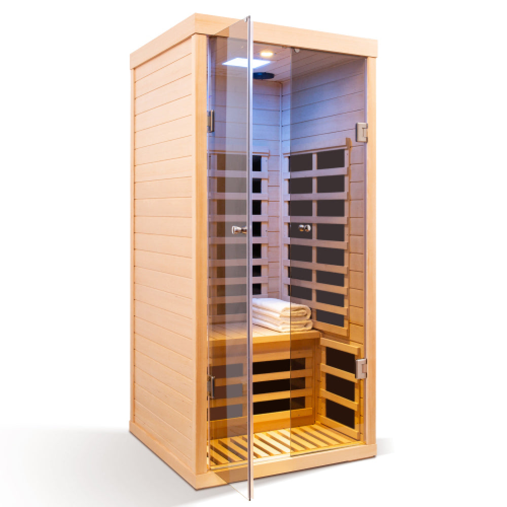 One person large glass hemlock sauna