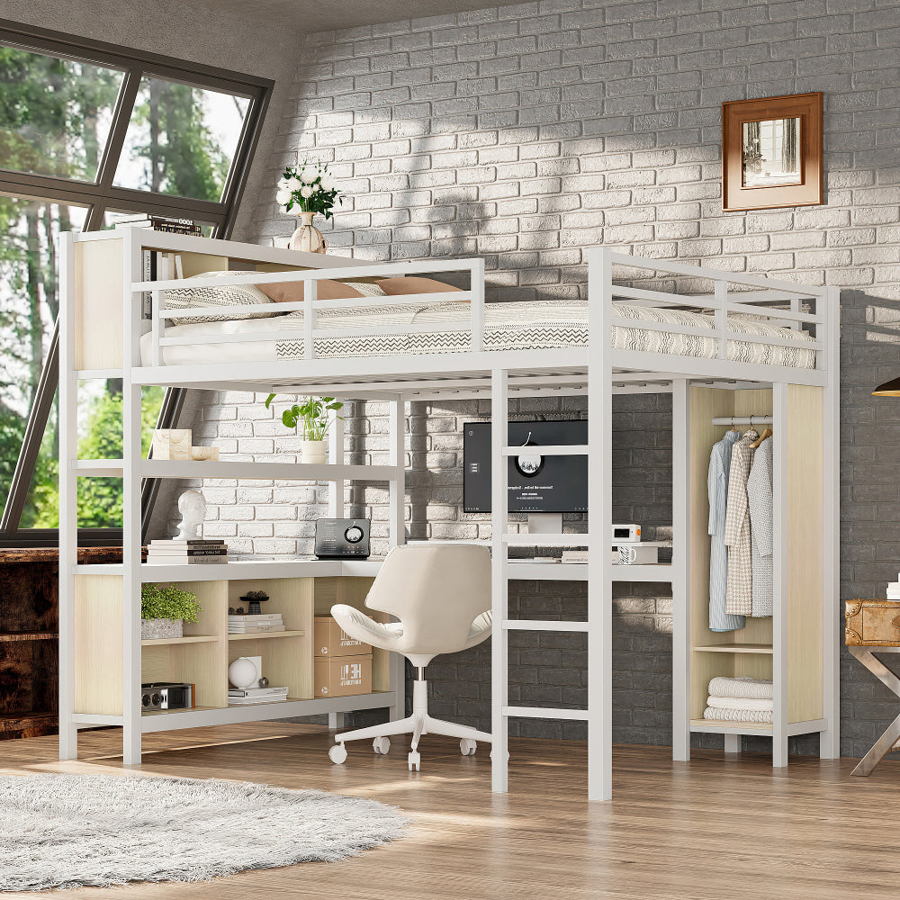 Metal Loft Bed with Wardrobe And L-shaped Desk, Queen Size Loft Bed with Storage Cubes and Shelves, Heavy Duty Loft Bed for Kids Teens Adults, Black Woodgrain