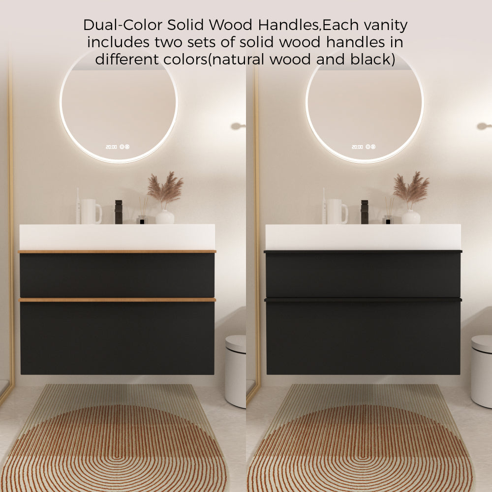 VELA 36 Inch Black Wall Mounted Bathroom Vanity with Integrated Acrylic Sink, 2 Soft-Close Drawers, Pre-Assembled,Modern Floating Cabinet