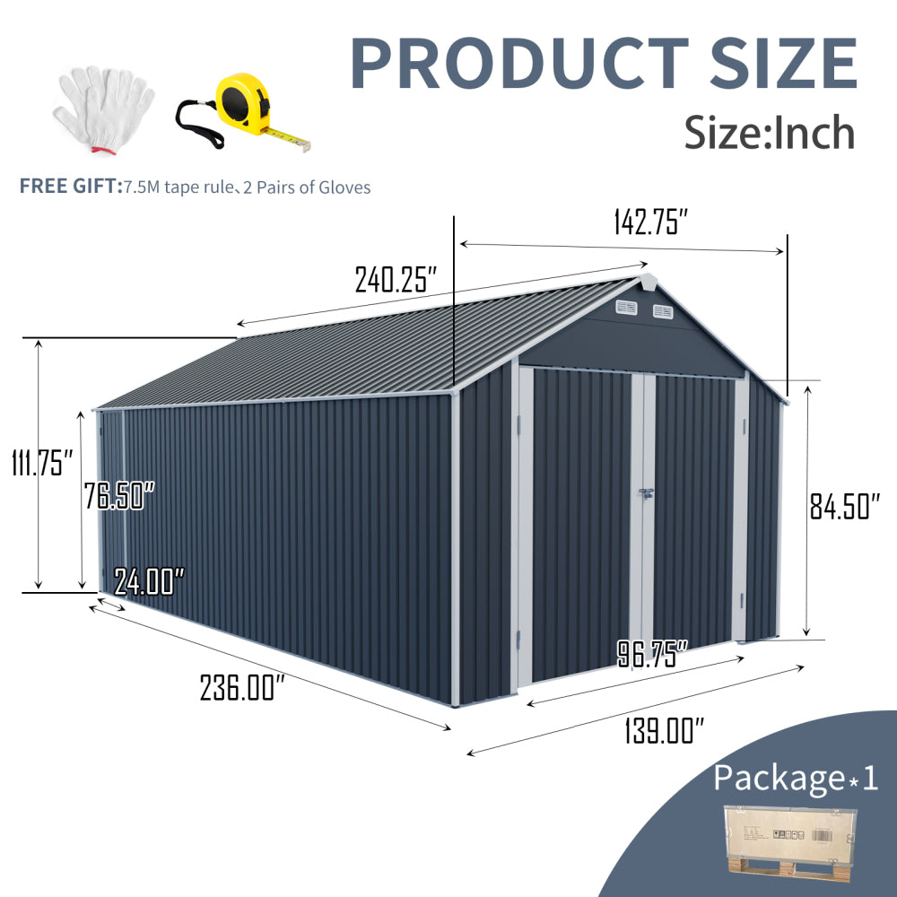 12×20 FT Outdoor Storage Shed Metal Garage Shed for Car, Bike, Lawnmower - Backyard Tool House Building 2 Doors and 4 Vents (Upgraded version)