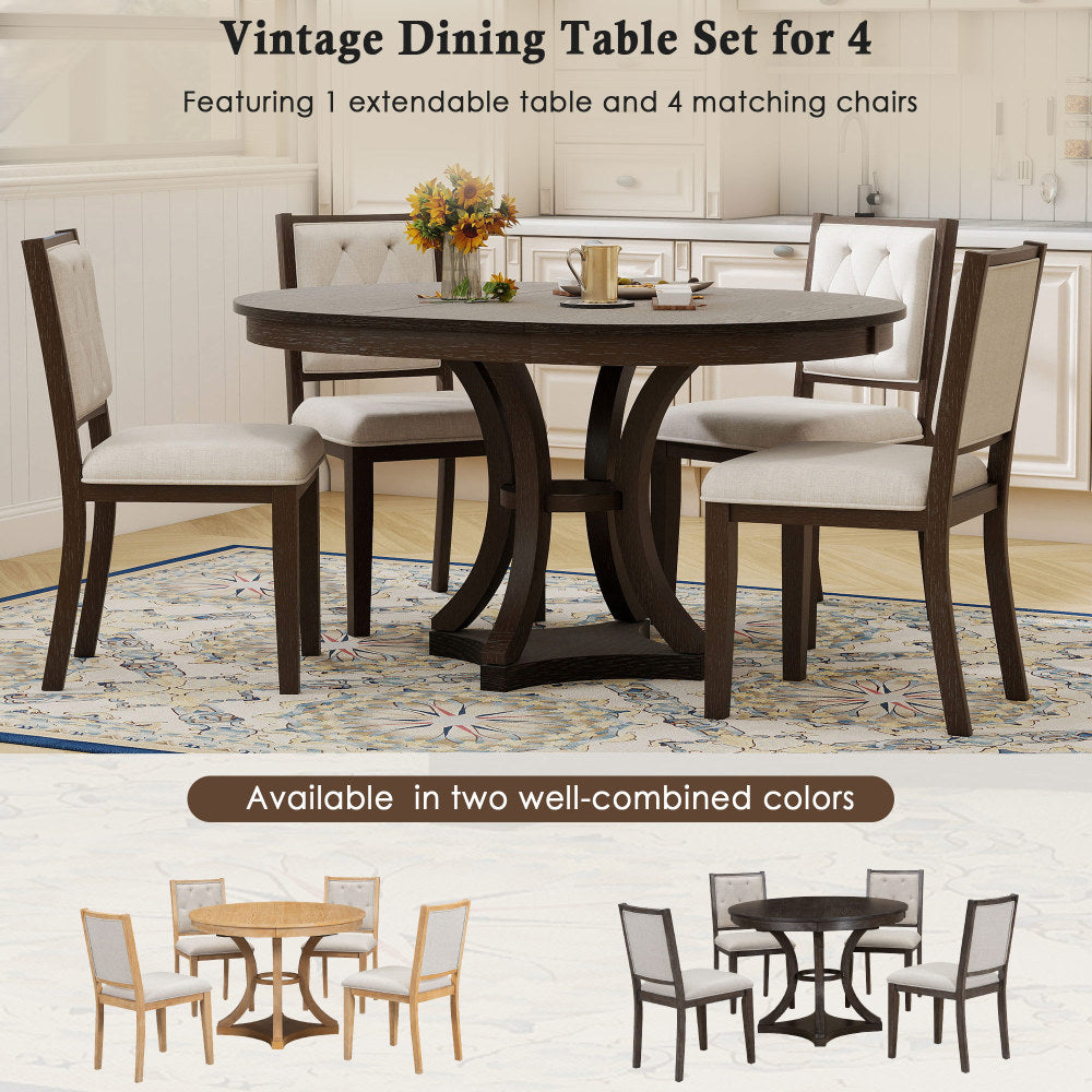 TREXM 5-Piece Retro Functional Dining Table Set Extendable Round Table and 4 Upholstered Chairs for Dining Room and Living Room (Espresso)