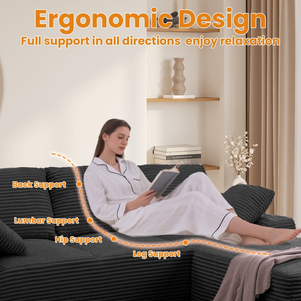 103.5" Cloud Sectional Couch with L-Shape Chaise,Modern Modular Sofa with Deep Seat, Upholstered Couches for Living Room Bedroom,No Assembly Required, Black (Plush Corduroy Fabric)