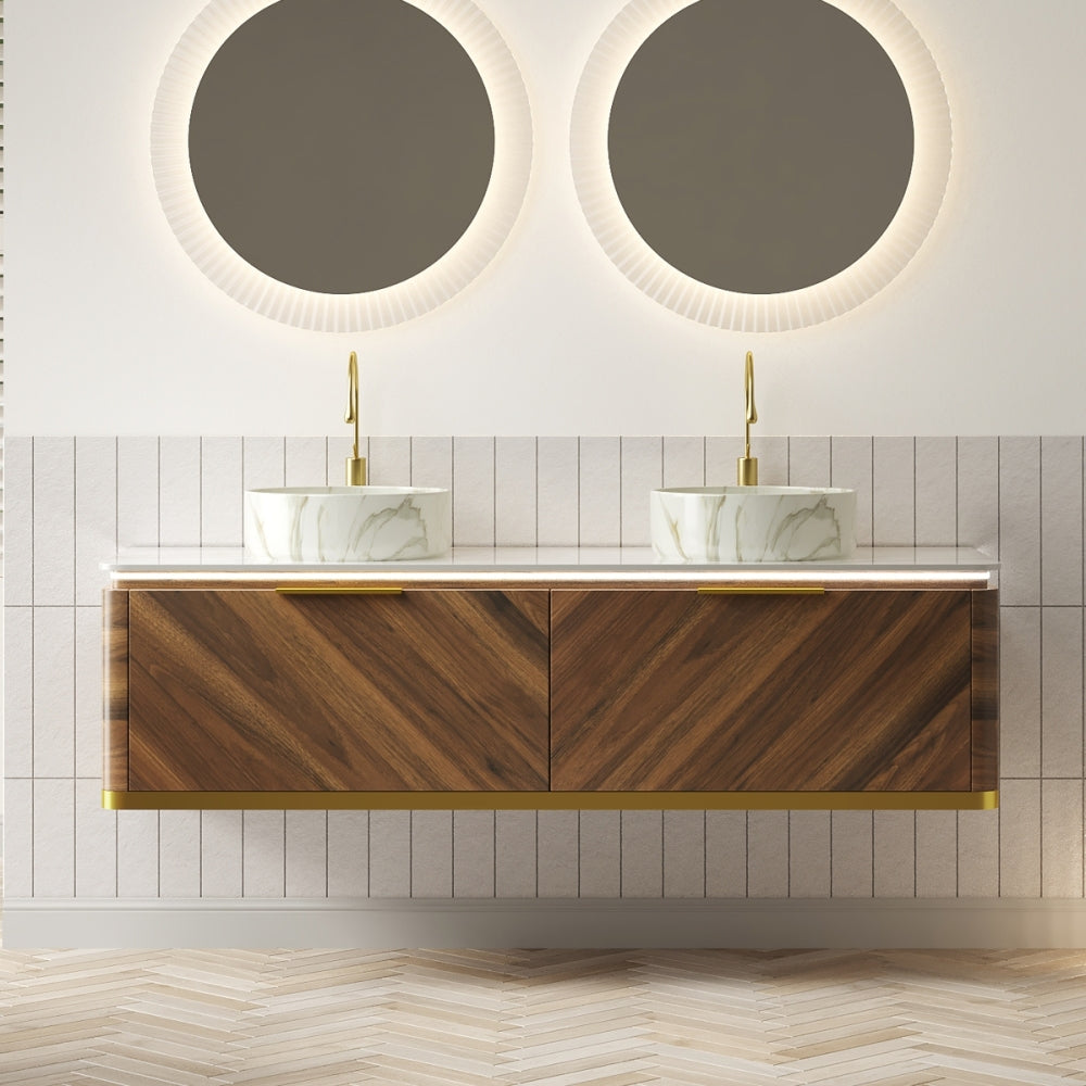 DIPA 36" Bathroom Vanity&Sink, Floating Plywood Storage Cabinet with Sensor Light, Drawer, Stone Pattern White Round Ceramic Vessel Basin&Sintered Stone Top, Pre-assembled, Dark Walnut Woodgrain Color