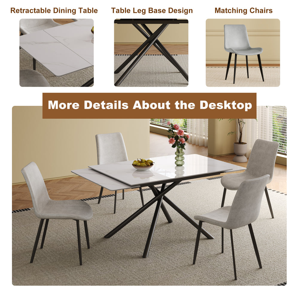 Retractable Sintered Stone Dining Table Set,It features a modern rectangular design, with black carbon steel table legs and a cross-leg structure at the bottom(Table + 4 Chairs)