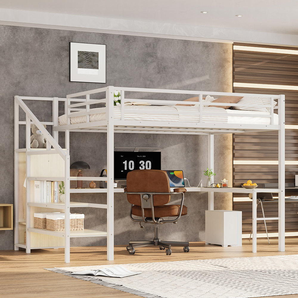 Queen Size Loft Bed with L-shaped Desk and USB, Metal Loft Bed with Wardrobe and Adjustable Shelf, High Loft Bed with LED for Kids Teens Adults, Wood-grain
