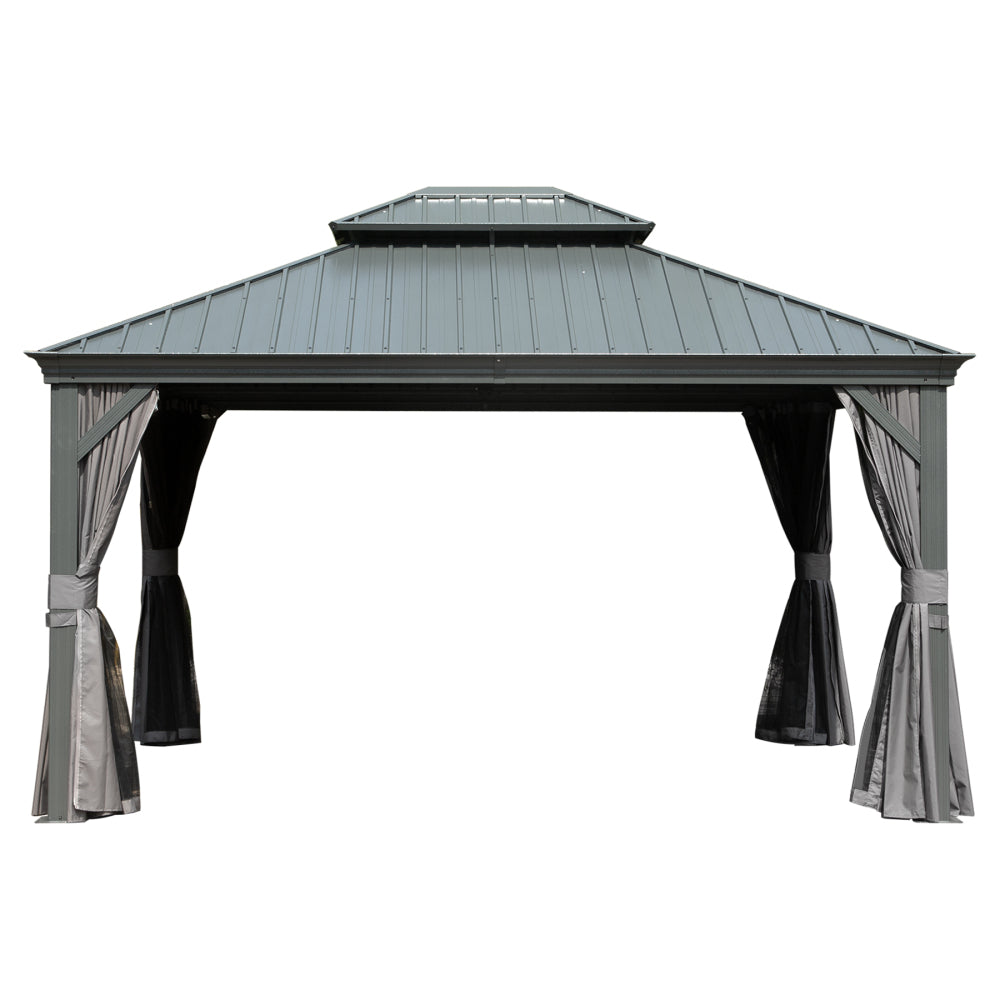 10' X 12' Hardtop Gazebo Outdoor Metal Gazebo with Galvanized Steel Double Roof Canopy, Aluminum Frame, Curtains and Netting for Patio, Deck, Garden, Grey