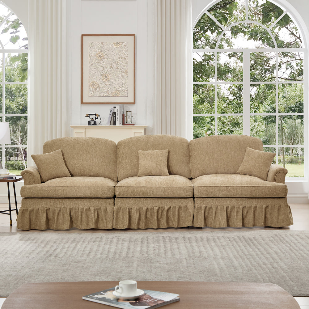 Elegant Mid Century Large 3 Seater Sofa Couch with Flared Arms and Removable Ruffles Pleats Skirts and Spindle Legs, Comfy Chenille Three-Seat Sofa for Living Room, Blue