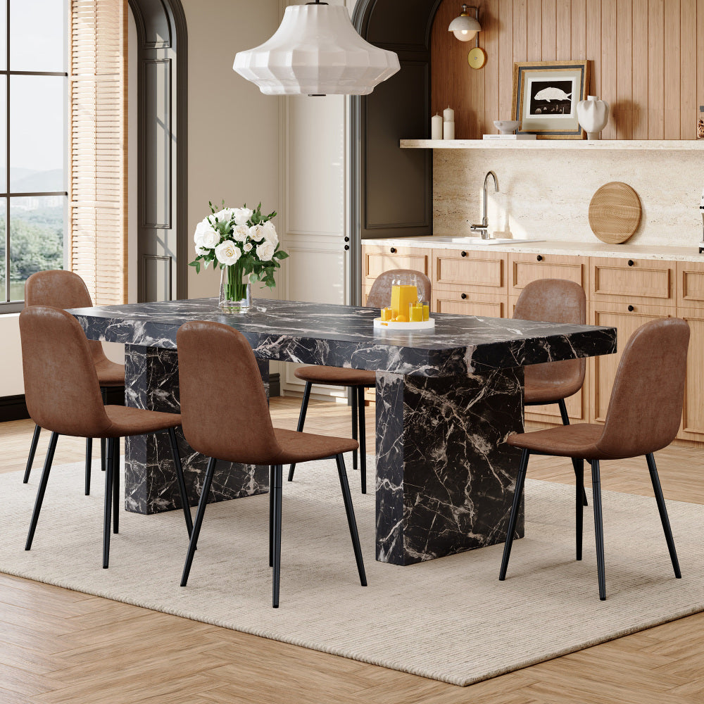 Table and chair set.78.7"*39.4"*29.9"inches MDF Luxurious Black Marble Pattern Dining Table,With a 3.5-inch thick tabletop.Paired with 10 Light Gray Linen Fabric Chairs With Black Sturdy Metal Legs.