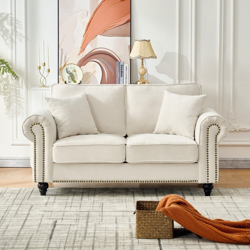86" Modern 3-Seater Sofa with Rolled Arms,Chenille Upholstered Couch with Wood Legs and Nailhead Trim for Living Room, Apartment,Beige