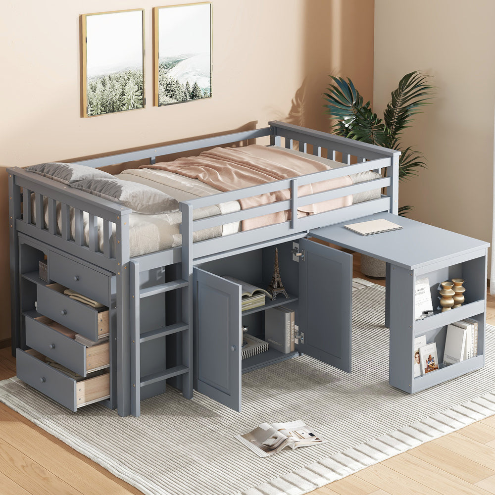 Twin Loft Bed with Storage Cabinet, Drawer and Shelf Cabinet and Pulling-Out Desk, Rubber Wood Loft Bed with Safety Guardrail, Ladder,Grey657