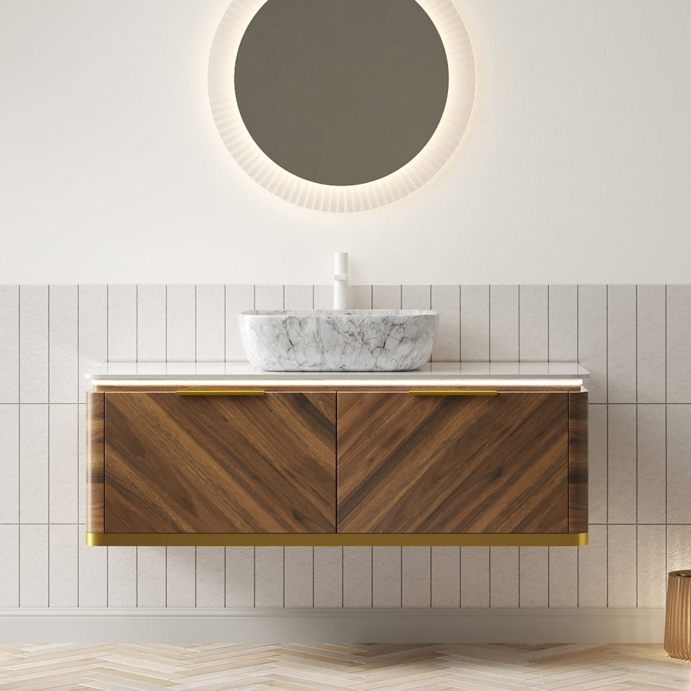 DIPA 36" Bathroom Vanity&Sink, Floating Plywood Storage Cabinet with Sensor Light, Drawer, Stone Pattern White Round Ceramic Vessel Basin&Sintered Stone Top, Pre-assembled, Dark Walnut Woodgrain Color
