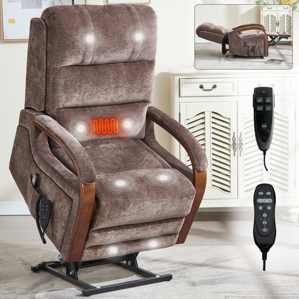 Power Brown Leatheraire Lift Recliner Chair Dual Motor Infinite Position Up to 350 LBS with Solid Wood Armrests, Heat Massage and Heavy Duty Motion Mechanism