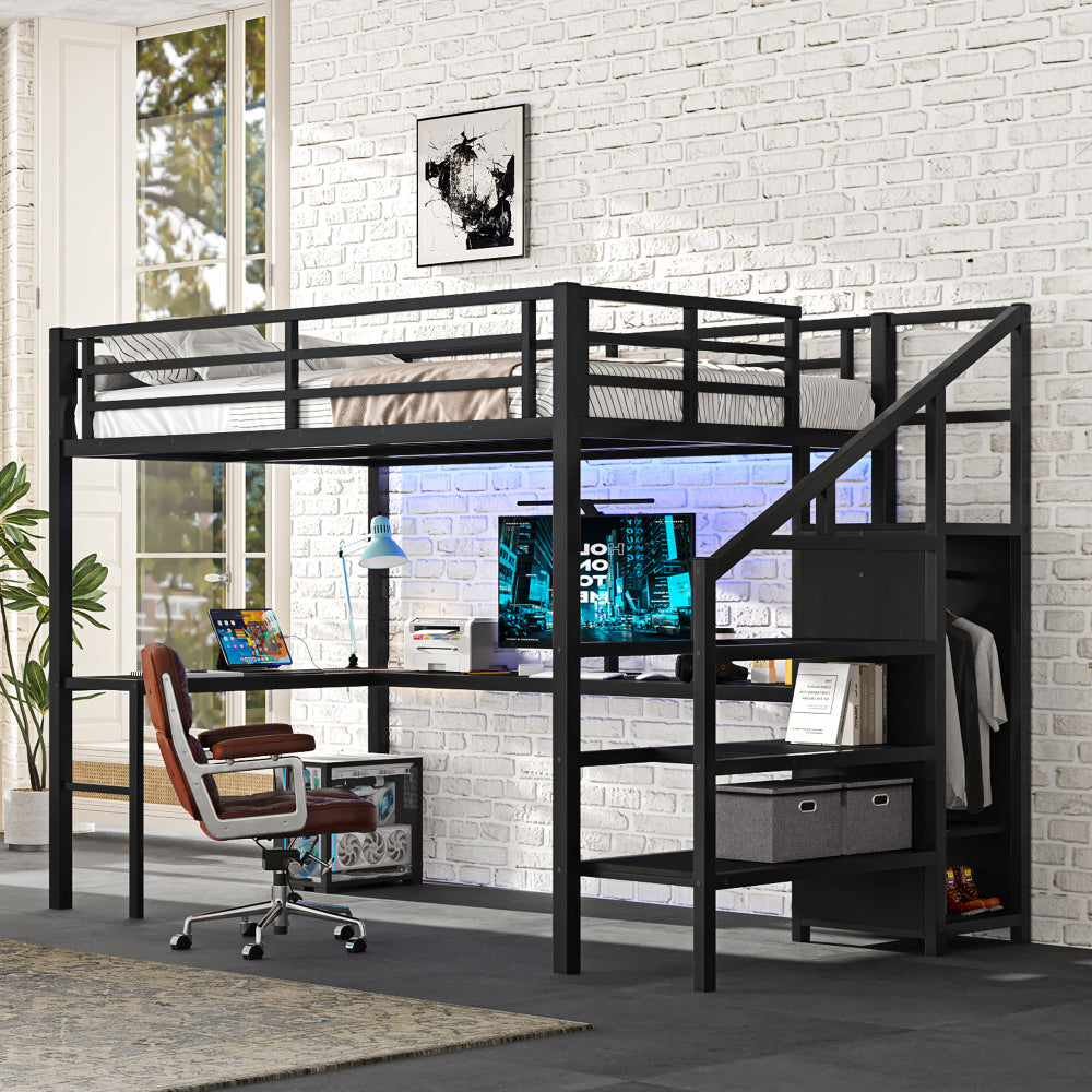 Queen Size Loft Bed with L-shaped Desk and USB, Metal Loft Bed with Wardrobe and Adjustable Shelf, High Loft Bed with LED for Kids Teens Adults, Wood-grain