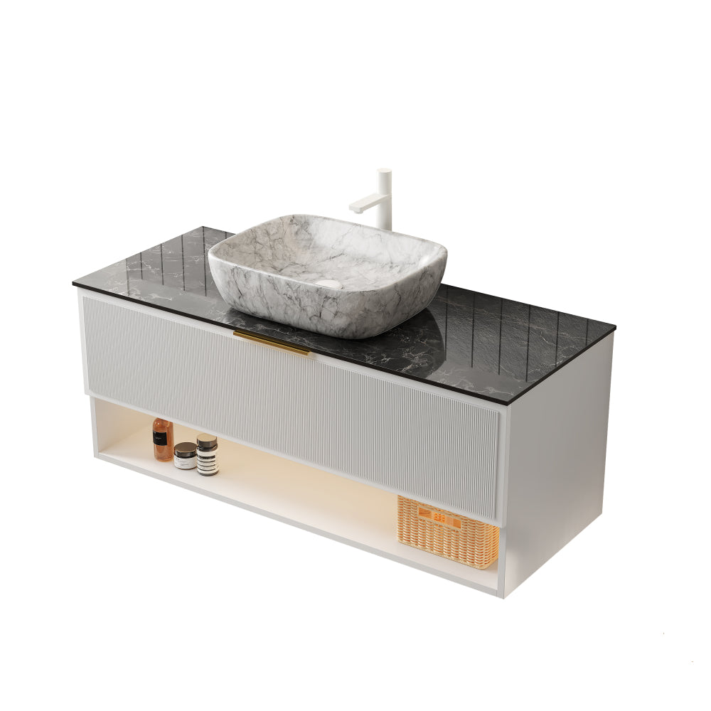 MALONE 48" Bathroom Vanity with Sink, Floating Plywood Storage Cabinet, 2 Pinstripe Drawers&Shelf, Sensor Light, Marble Pattern Ceramic Vessel Basin&Black Sintered Stone Top, Pre-assembled, White