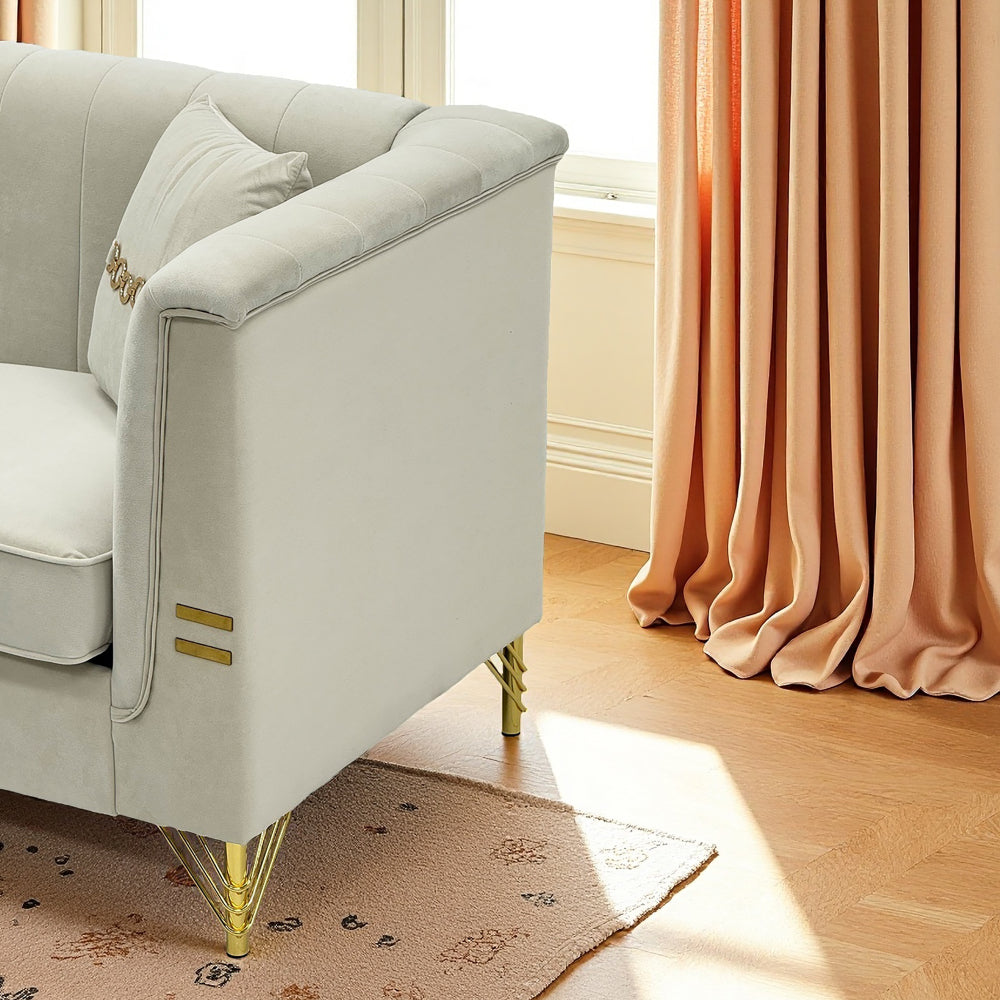 FX-P82-2PC SOFA -BE3 Modern Velvet Upholstered Sofa Set of 2, Beige 3-Seater Sofas with Gold Metal Legs Contemporary Living Room Furniture for Family Homes, Apartments, and Lounge Spaces