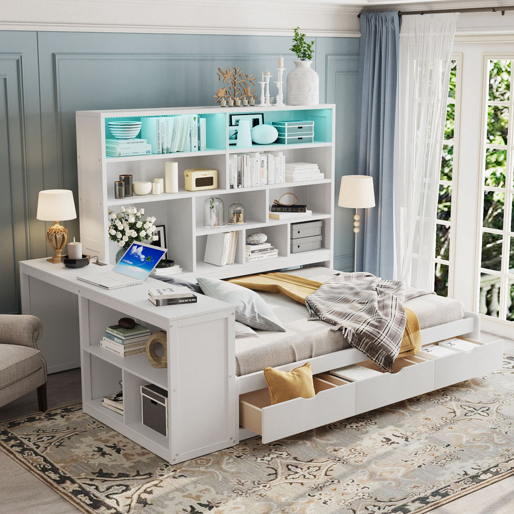 Full Size Wooden Daybed With Three Drawers ,Desk ,Shelves and Lights, Gray
