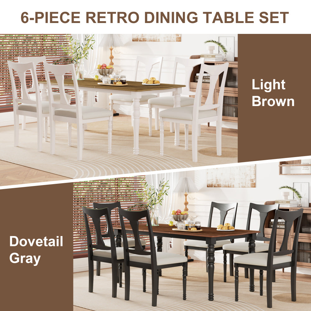 7-Piece Dining Table Set, 60inch to 78inch Extendable Wood Dining Table with Removable Leaf, Kitchen Table Set with 6 Upholstered Side Chair, Dining Table Set for 6