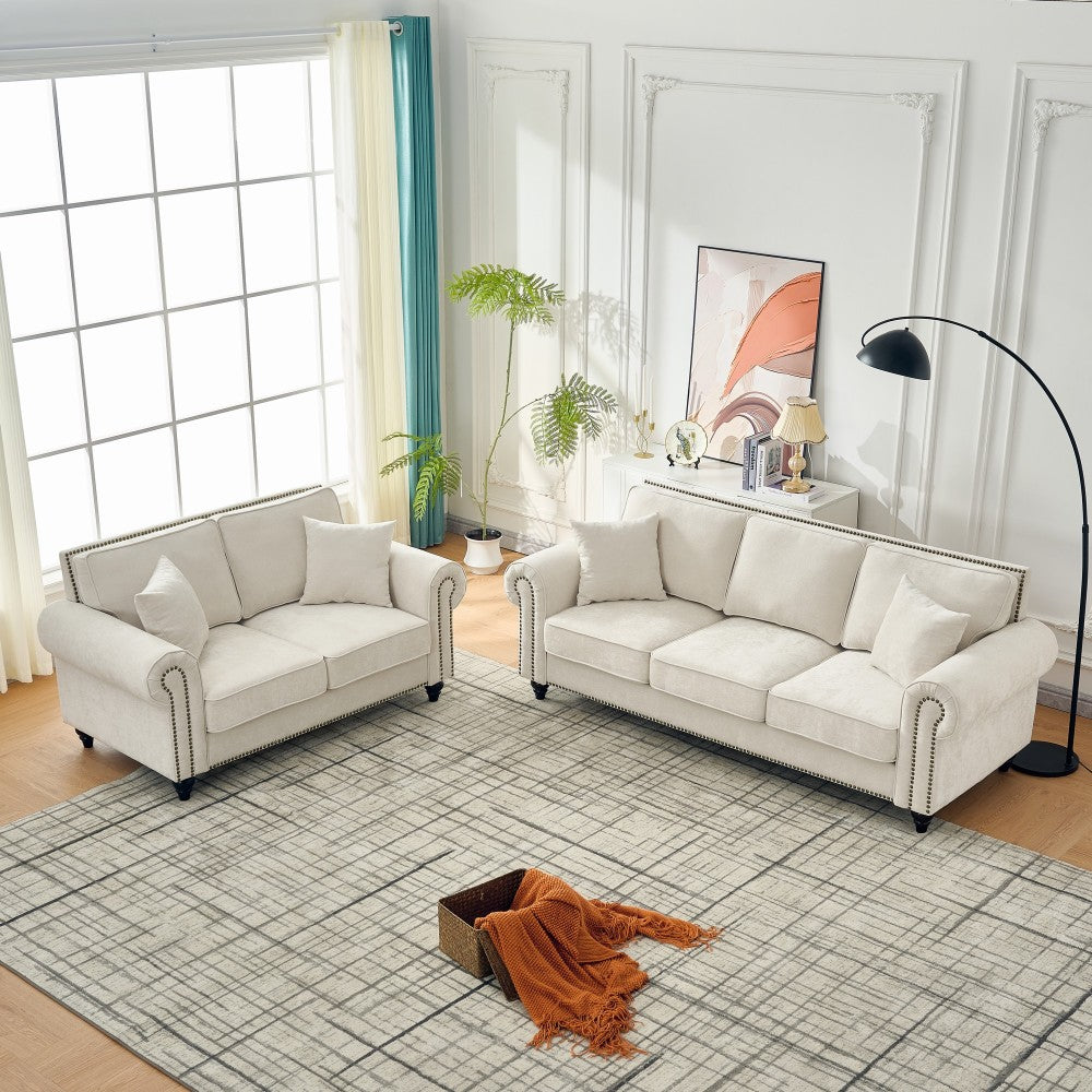 86" Modern 3-Seater Sofa with Rolled Arms,Chenille Upholstered Couch with Wood Legs and Nailhead Trim for Living Room, Apartment,Beige