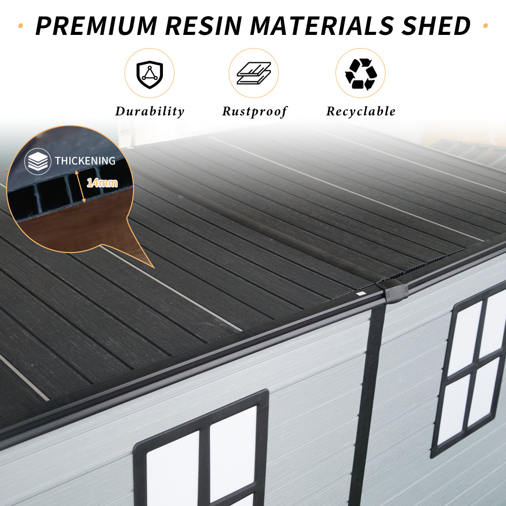 4x8ft Outdoor Resin Garden Shed with Floor and 2 Windows, Plastic Patio Outdoor Storage Shed with Lockable Door for Garden Tools, Bicycles, Trash Cans, Gray+Black