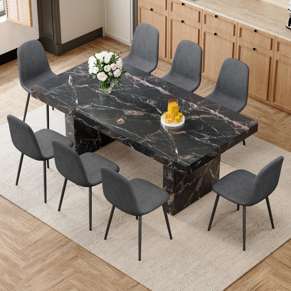 Table and chair set.78.7"*39.4"*29.9"inches MDF Luxurious Black Marble Pattern Dining Table,With a 3.5-inch thick tabletop.Paired with 10 Light Gray Linen Fabric Chairs With Black Sturdy Metal Legs.