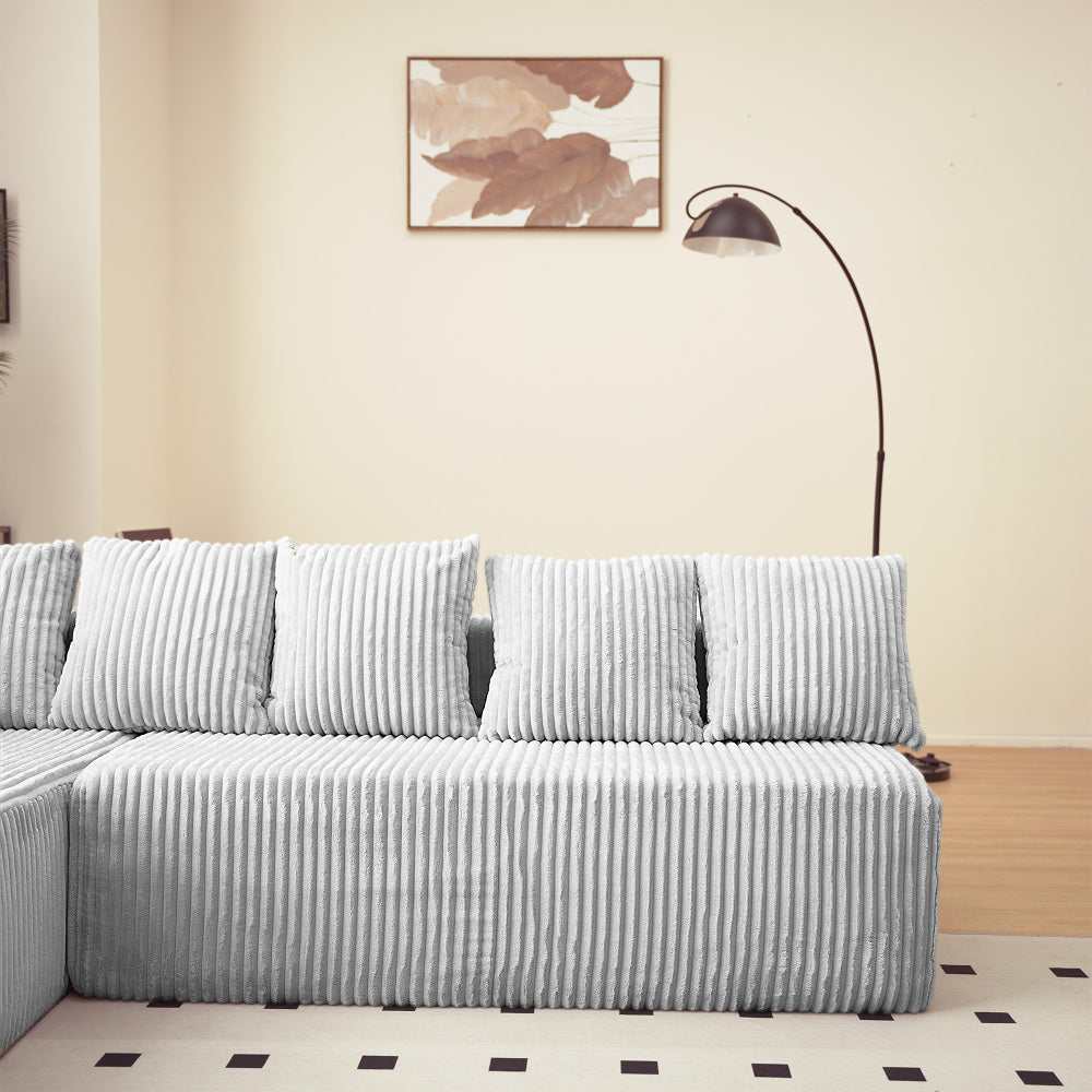 Modular U-Shaped Sectional Sofa,130-inch 4-Seater Chaise Lounge with Reversible Design, Striped Corduroy Fabric in Gray – Customizable Living Room or Bedroom Couch, Freely Configurable Layout.
