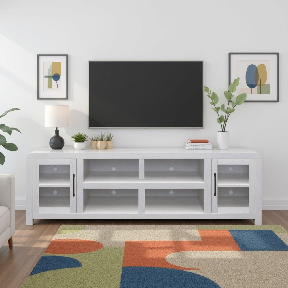 Haven 82 inch TV Stand with Glass Doors, for TVs up to 90 inches, No Assembly Required, White Finish