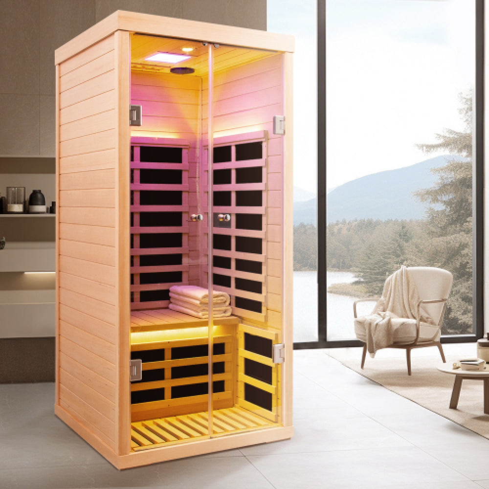 One person large glass hemlock sauna
