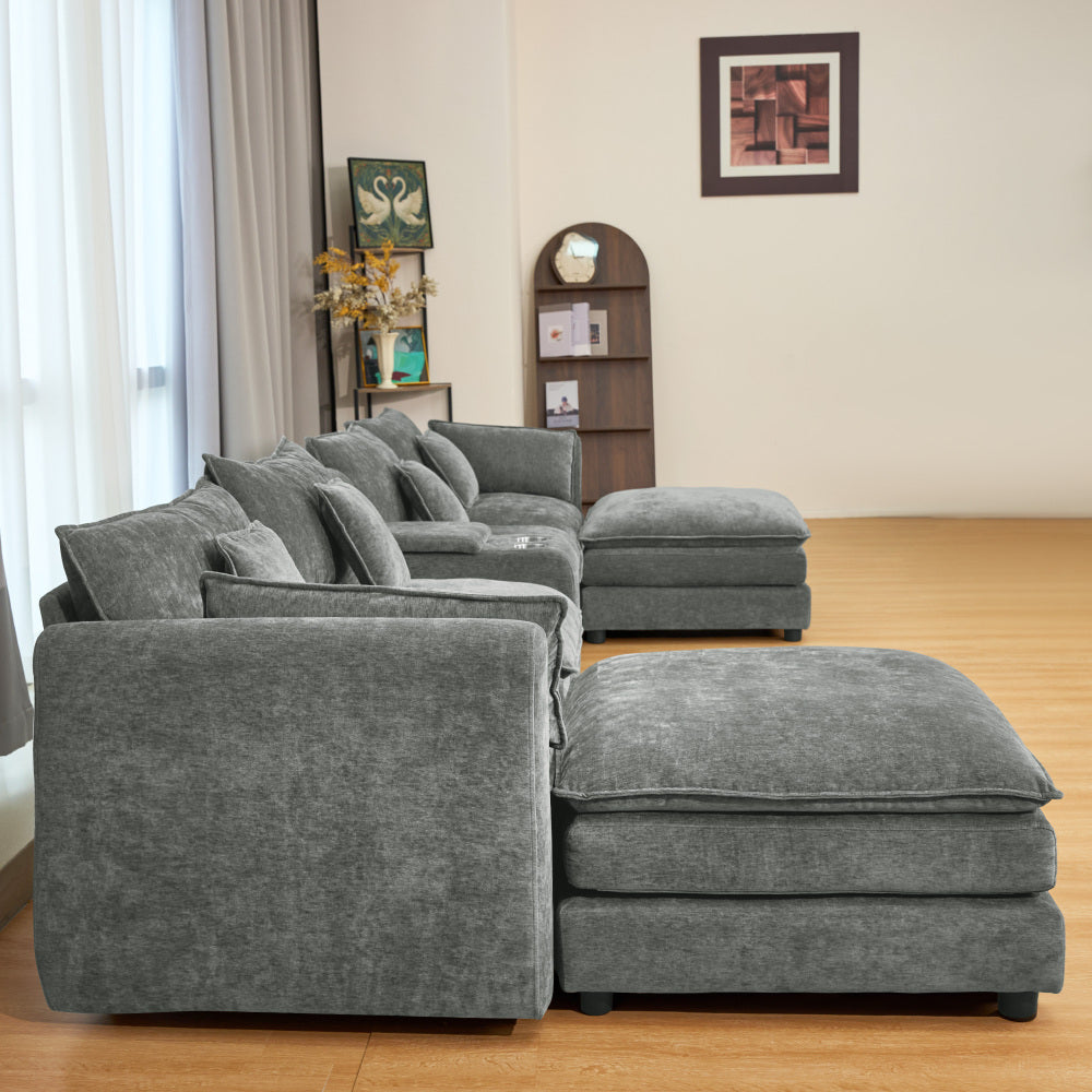 U Shaped Sectional Cloud Couch for Living Room,144" Comfy Fluffy Modular Sofa with Movable Ottoman Modern Chenille 6 Seat Sectional Sofa Set with Storage Box, Cup Holders, Grey