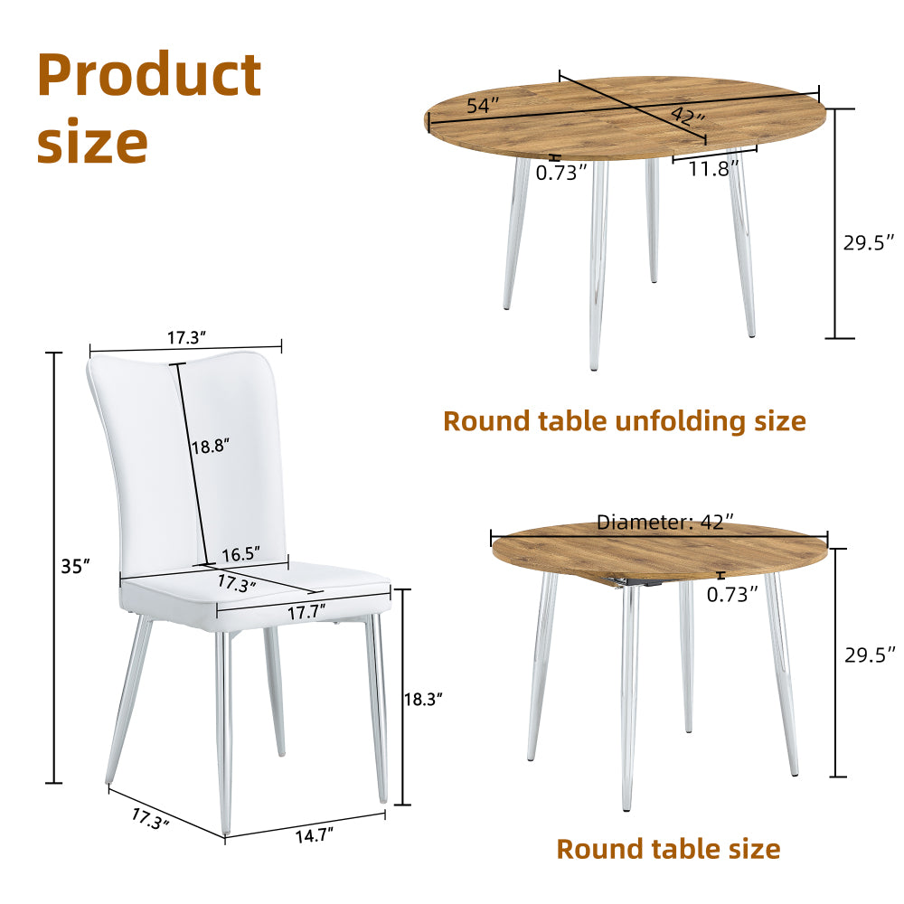 Table and chair set.With a Expandable mechanism,the Wood Grain MDF table top and silver metal legs and has a smooth surface.Paried With 4 White PU Chairs with a vertical stripe design on the backrest.