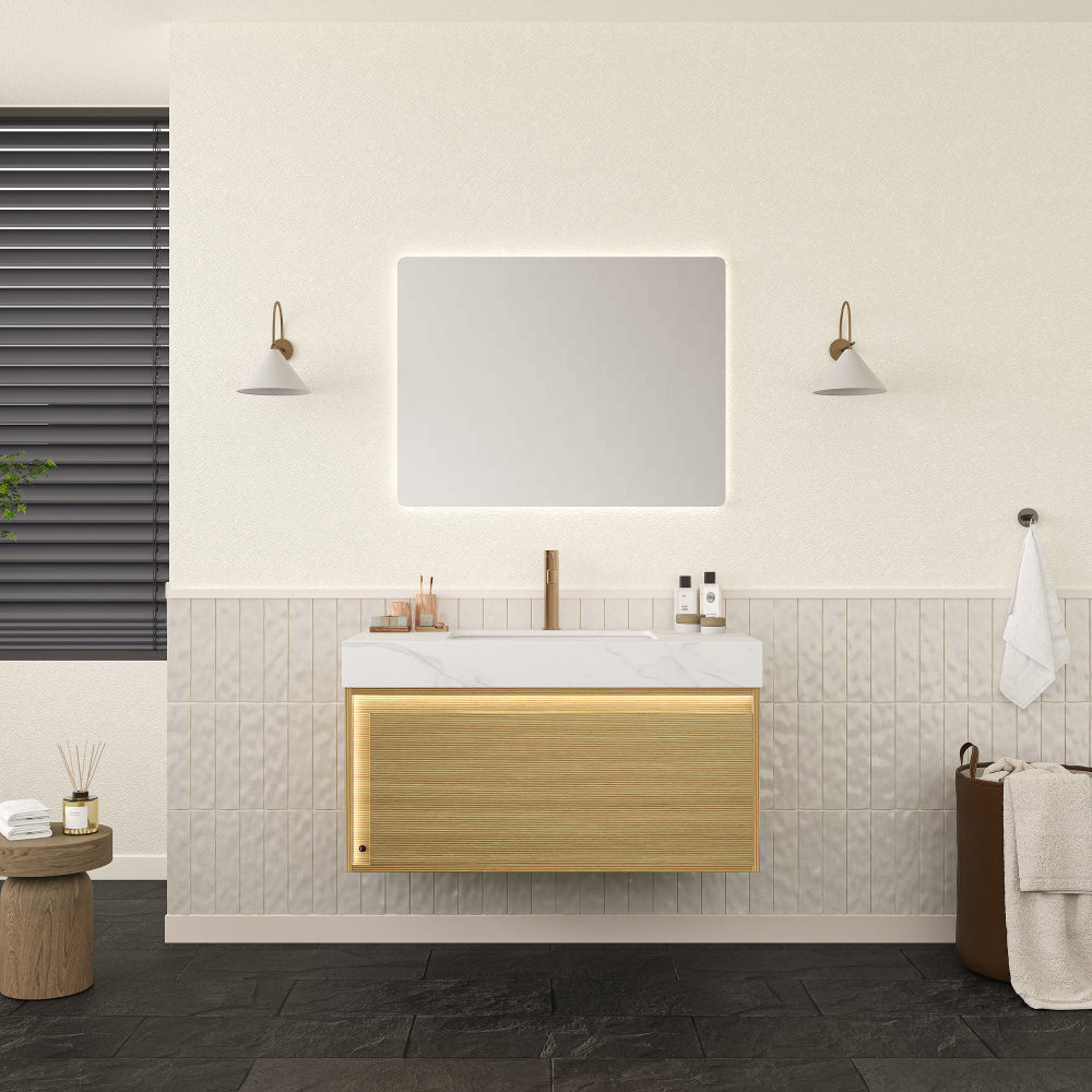 NYAH 36'' Bathroom Vanity&Sink, Floating Ultra-Slim Grille Plywood Storage Cabinet, Drawer, Sensor Light, Travertine-Pattern Sintered Stone Top&Ceramic Undermount Basin, Pre-assembled, Light Woodgrain