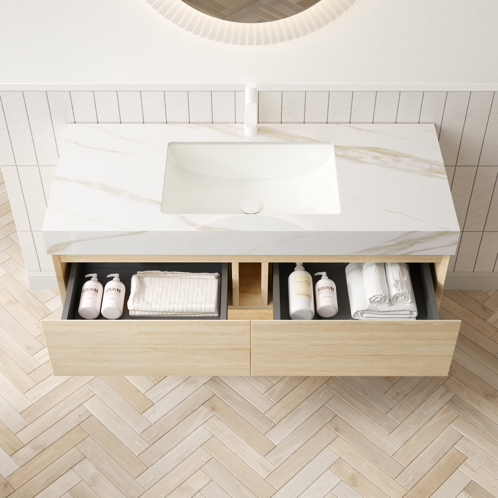 FRIGGA 48" Bathroom Vanity&Sink, Floating Plywood Storage Cabinet, Drawers&Shelf with Sensor Light, Ceramic Undermount Basin&Calacatta Gold Sintered Stone Top, Pre-assembled, Travertine Texture Finish