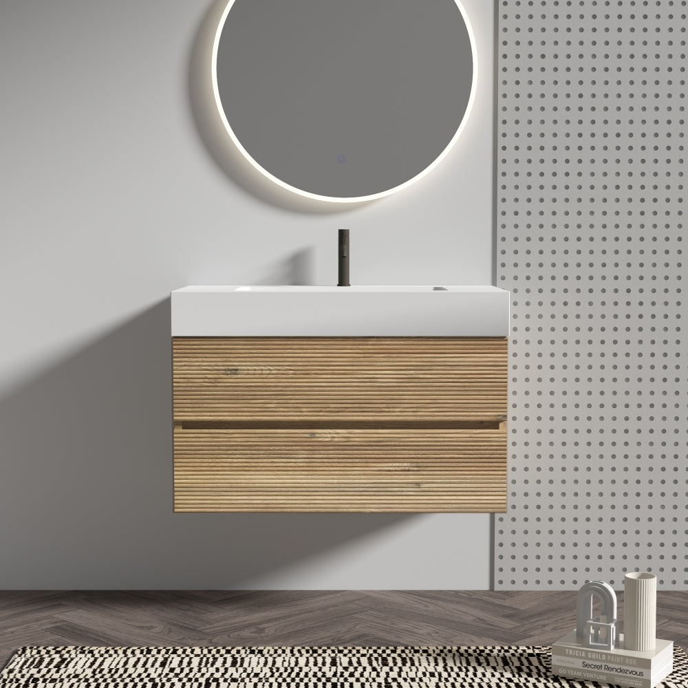 Grace 36"  Rough Oak+Rough Oak Bathroom Vanity with White Engineered Quartz Sink and Soft Drawers, Wall Mounted Floating Bathroom Vanity for Modern Bathroom, One-Piece White Glossy Basin, KD