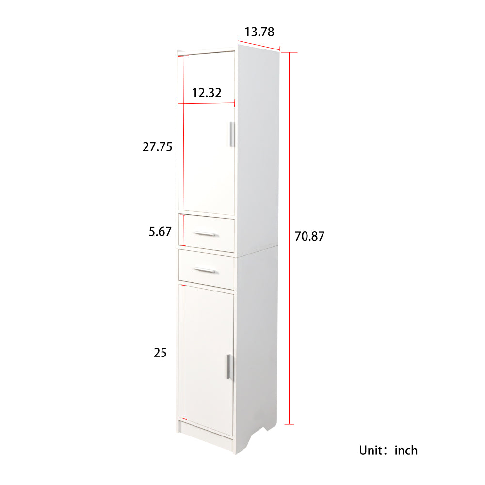 70.87" H Tall Bathroom Storage Cabinet with 2 Doors and 2 Drawer, Narrow Storage Unit, Adjustable Shelves, Floor Cabinet for Bathroom, Living Room, Entryway, Kitchen, White