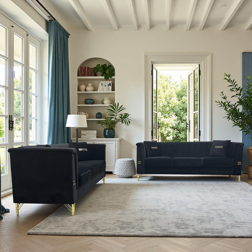 FX-P82-2PC SOFA -BK3  Black Velvet Sofa Set of 2, Two Modern 3-Seater Sofas with Plush Cushions & Gold-Tone Metal Legs  Stylish Living Room Couch Set for Homes, Apartments, and Guest Areas