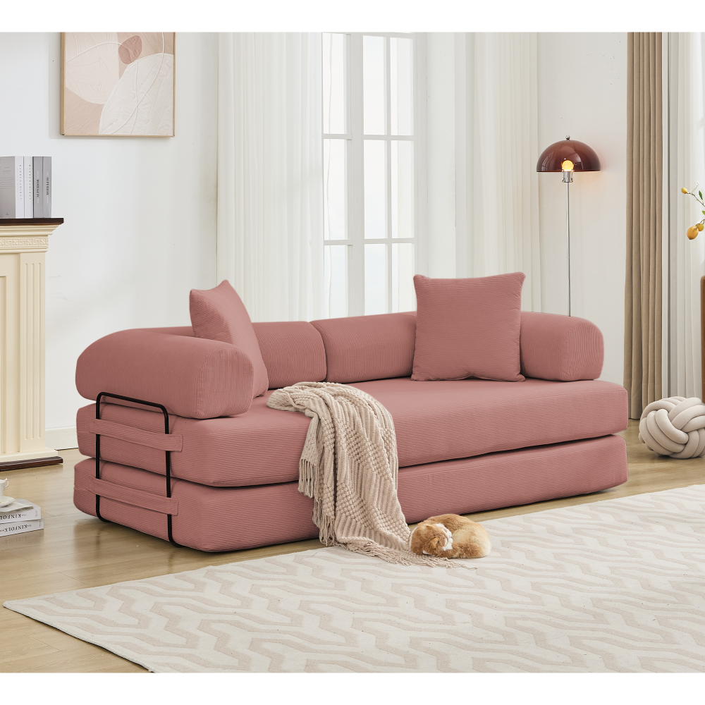 [NEW ARRIVED] [VIDEO PROVIDED] 78.5" Folding Convertible Out Sleeper Sofa Bed,5-in-1 DIY Combination Convertible  Sofa, 3 seat, Folding Sleeper Sofa, King Size , Bedroom,Apartment,Corduroy, PINK
