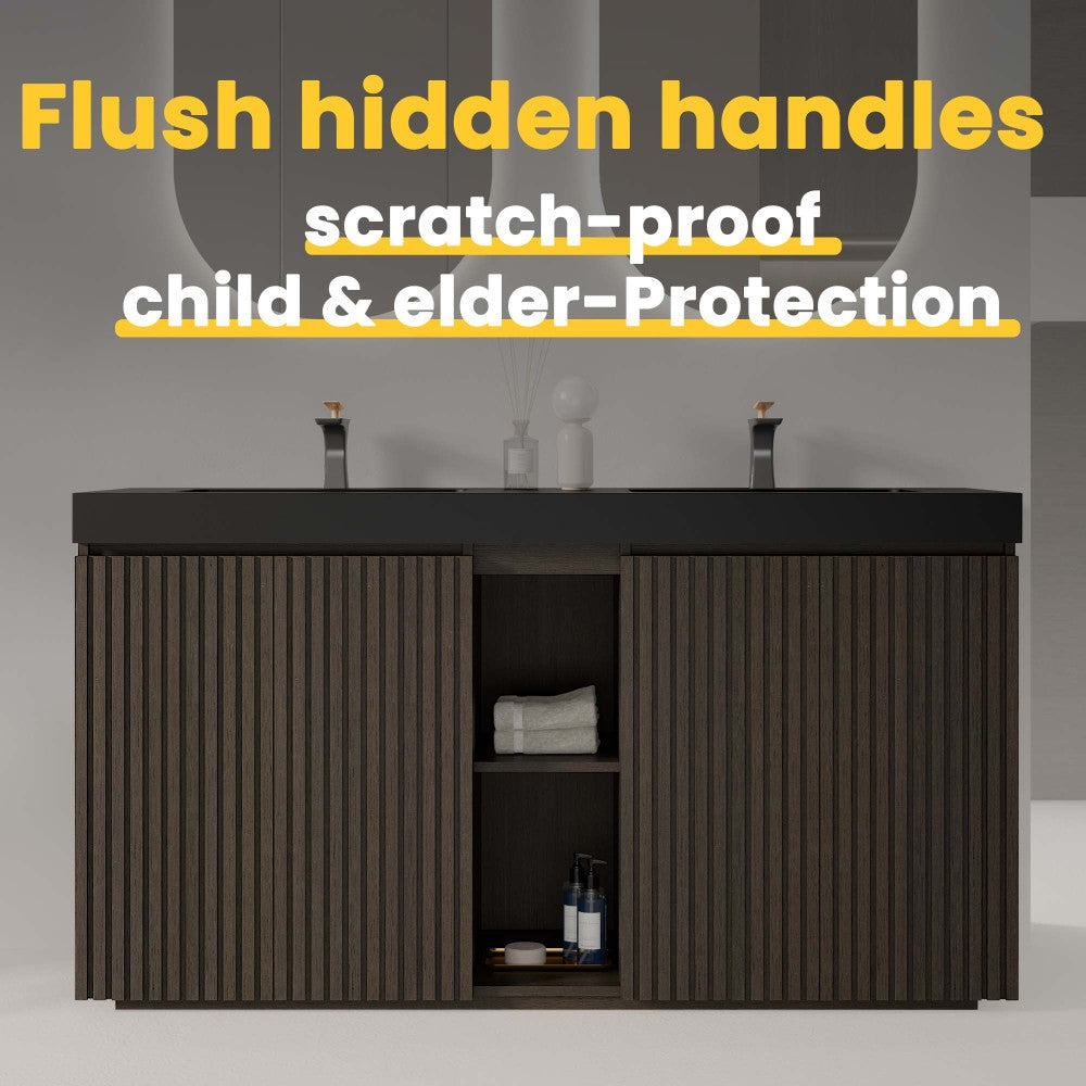 GALAN60F" Smoked Oak Bathroom Vanity with Sink, Large Storage Freestanding Bathroom Vanity for Modern Bathroom, One-Piece Black Sink Basin without Drain and Faucet, KD