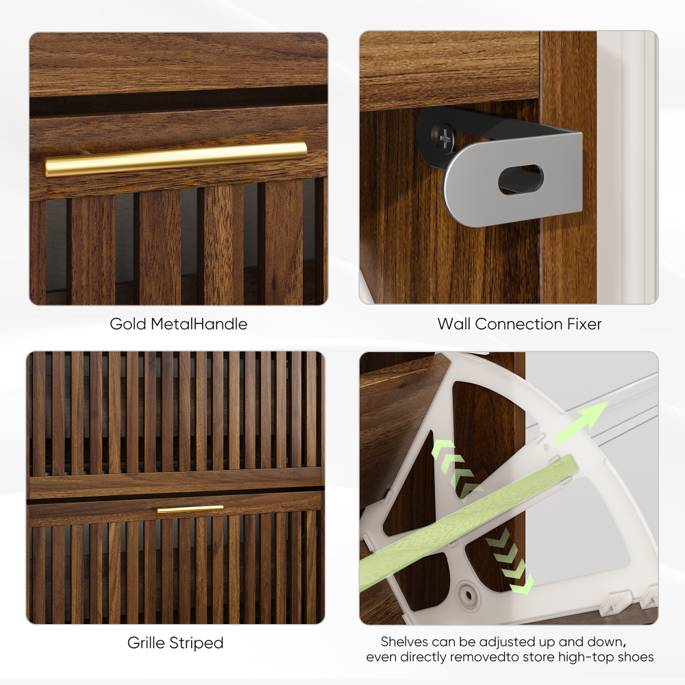 31.5-inch walnut shoe storage cabinet, medieval modern independent shoe cabinet, fence shoe cabinet with 2 flip drawers, suitable for corridors and entrances