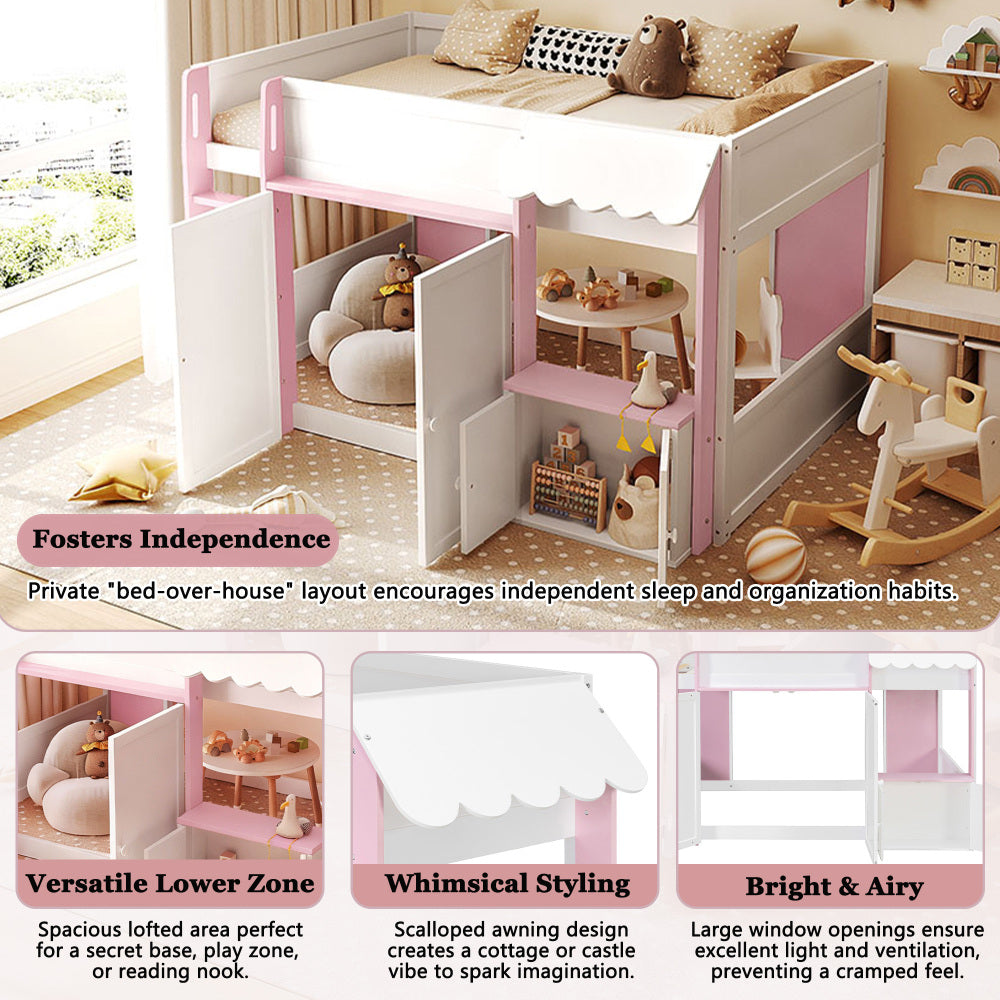 Full Loft House Bed with Playhouse & Storage, Modern Wood Cabin Bed for Kids/Teens, White+Pink