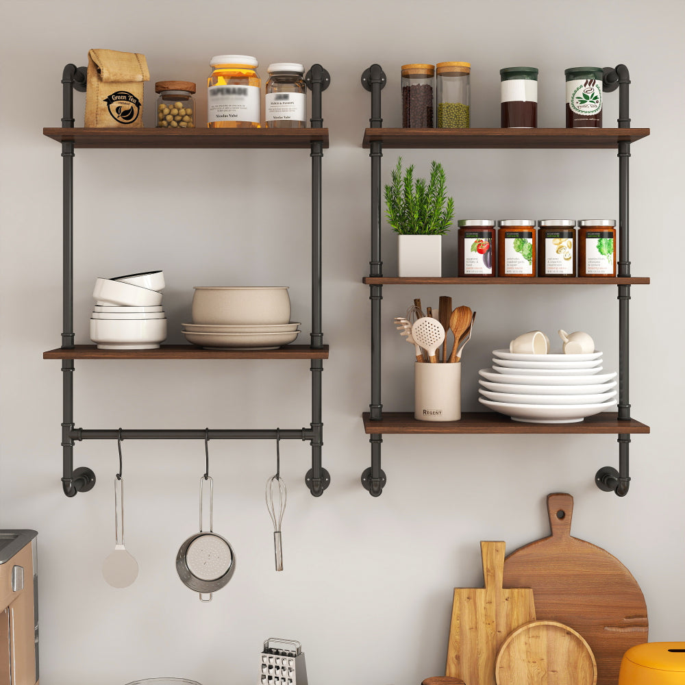 Industrial Pipe Shelf 3 Tier and 2 Tier Wall Mounted Shelves  36in Wood Display Shelves, and 3 additional hooks,Farmhouse Kitchen Bar Shelf, DIY Bookshelf Unit Hanging Wall Shelves for Bedroom...