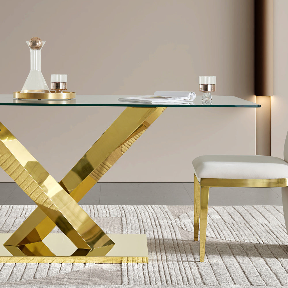 Gold stainless steel dining table  70.08 inch clear tempered glass top