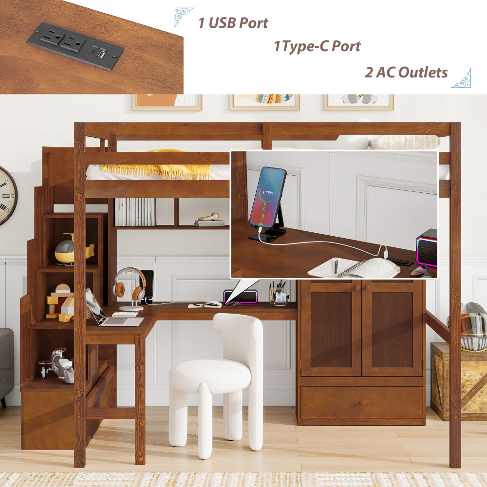 Full Size Loft Wood Bed with Desk, Book shelves and Wardrobe with Doors and Drawer, Built-in Staircase with Storage Shelves, Loft Bed with Safety Guardrails and Solid Slats,Walnut