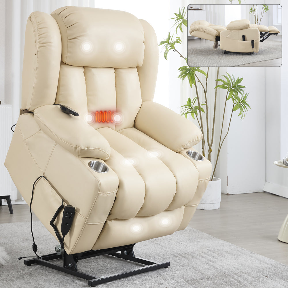 Dual Motor Infinite Position Up to 350 LBS Leatherair Power Lift Recliner Chair, Heavy Duty Motion Mechanism with 8-Point Vibration Massage and Lumbar Heating, Stainless steel Cup Holders, Beige