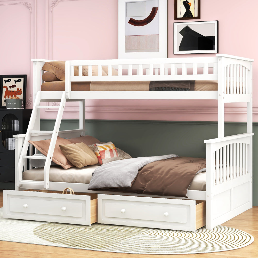 Twin over Full Bunk Bed with Drawers, Convertible Beds, White