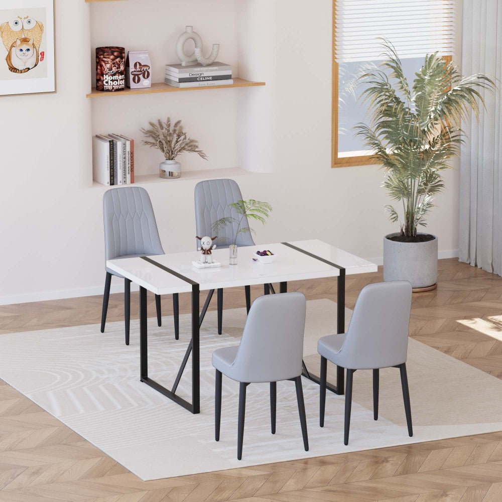 55 "4-person modern MDF dining table set, kitchen black metal leg dining table and chair set, industrial rectangular white tabletop and dining room thick padded PU dining chairs