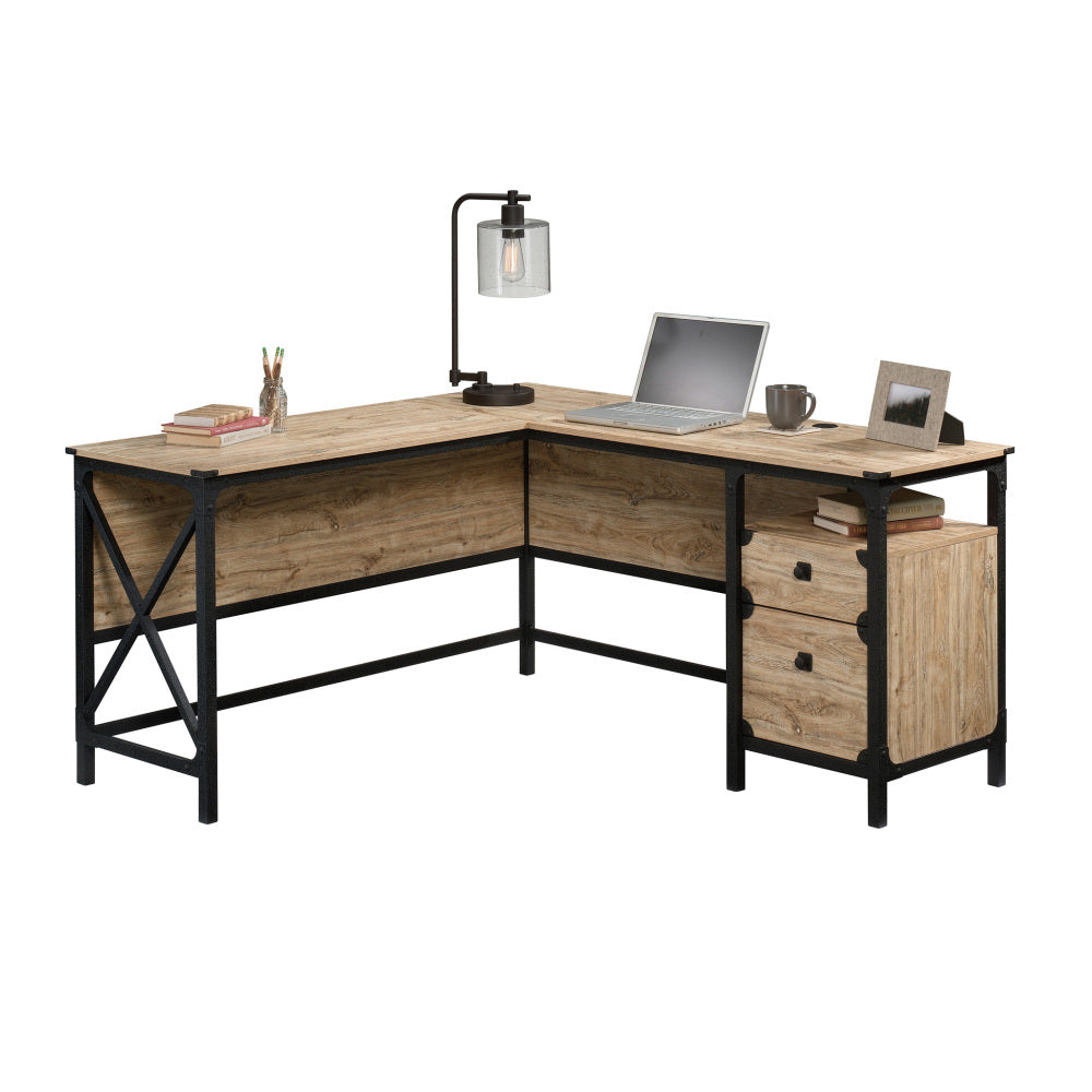 Sauder Steel River Rustic Industrial Style L-Shaped Corner Desk with Drawers and Storage Shelf, Coated Metal and Milled Mesquite finish
