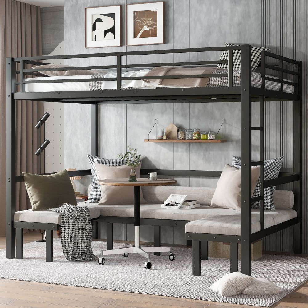 Twin XL over Twin XL size pull-out Metal Bunk Bed, lower bunk can be pulled out in three sections, top bunk equipped with safety rails, black.
