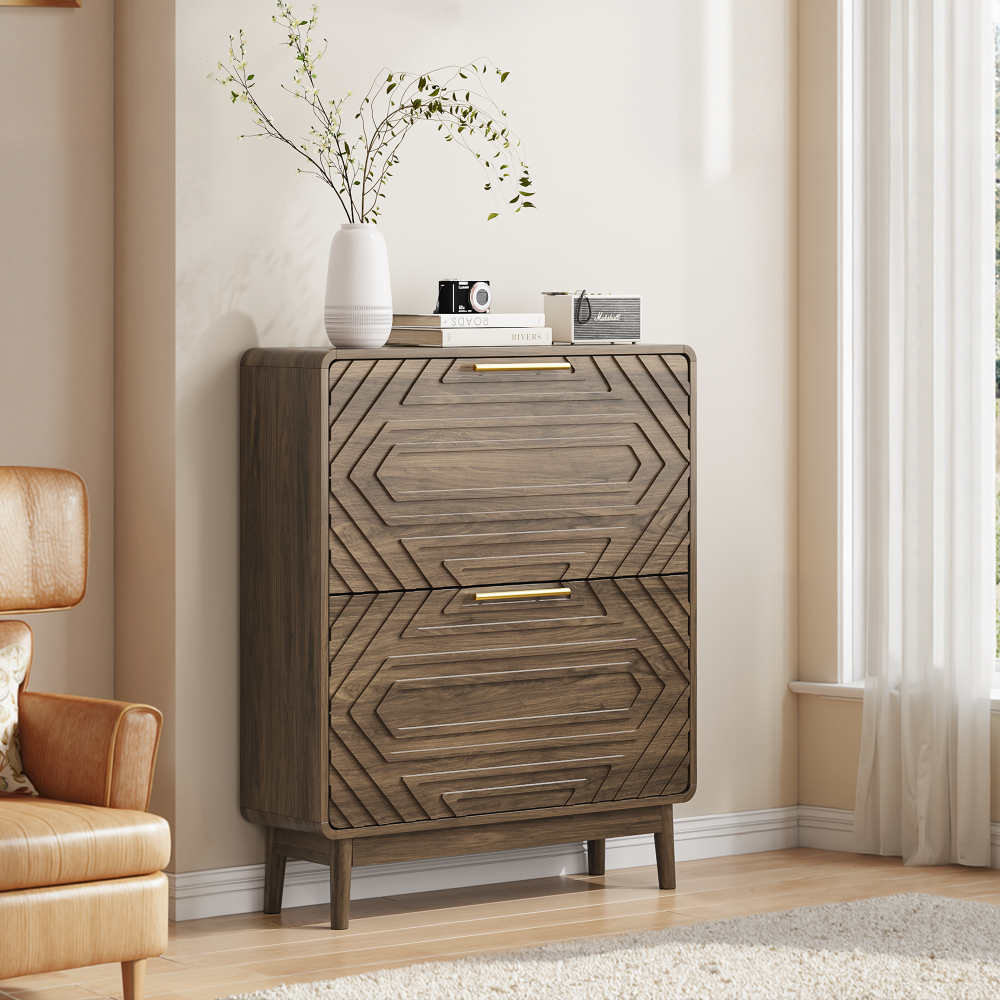 31.5" Walnut Shoe Cabinet, Mid-Century Modern Freestanding Shoe Cabinet, Freestanding Organizer with 2 Flip-Top Drawers, Suitable for Entry, Hallway and Foyer