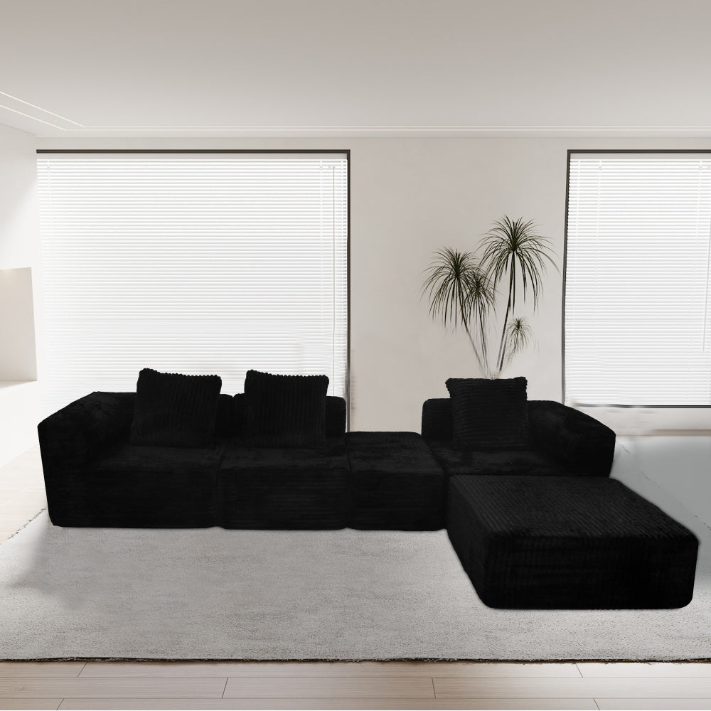 Modular Sectional Sofa Black Couches 4 Seat Modular Foam Sectional Couches for Living Room with 1 Ottoman, Cloud Couch with Oversized Chaise