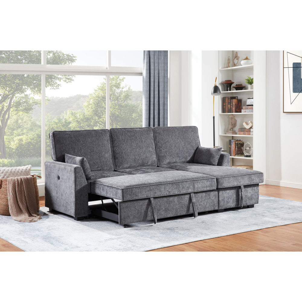 Emmy 89"W Dark Gray Fabric Sleeper Sectional Sofa with Reversible Storage Chaise, USB & USB-C Charging Ports, Cupholders, Pillows